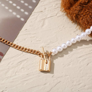 Lock Pendant + Pearl Necklace