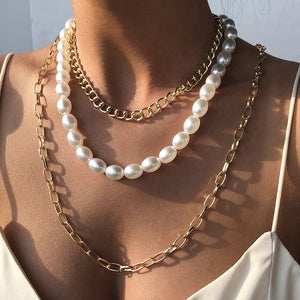Multilayer Thick Chain Pearl Necklace