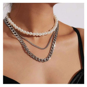 Thick And Thin Chain Pearl Multi-layer Necklace