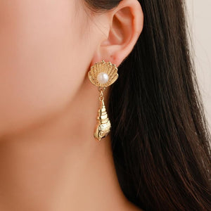Long Sea Shell Pearl Stud Earrings